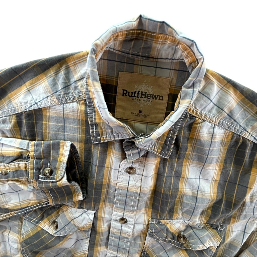 RuffHewn Well Worn Mens Medium Plaid Button Down Shirt Cotton Gray Orange L/S